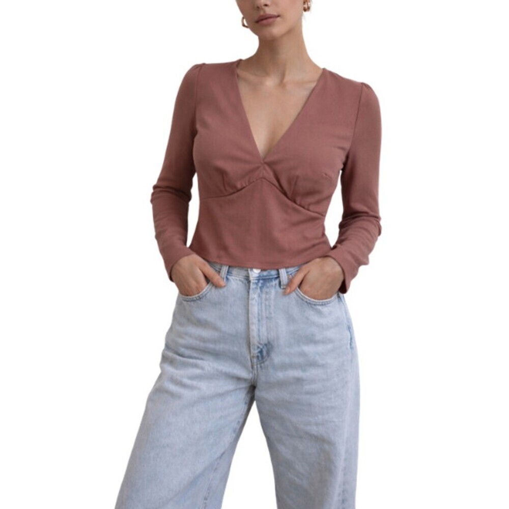 Abercrombie & Fitch Deep V-Neck Top Minimalistic Baby Doll Vibe Brown Women's S - Picture 2 of 8
